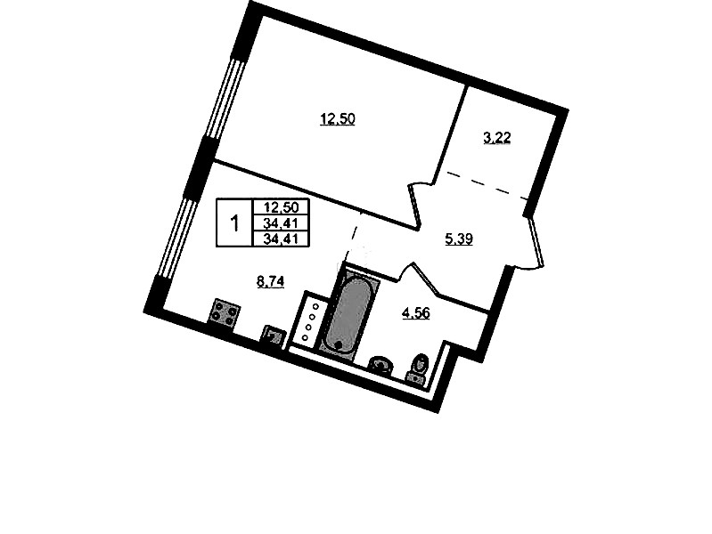 1-комнатная квартира 34.41 м², 9/9 эт., ЖК «Квартал Лаголово»